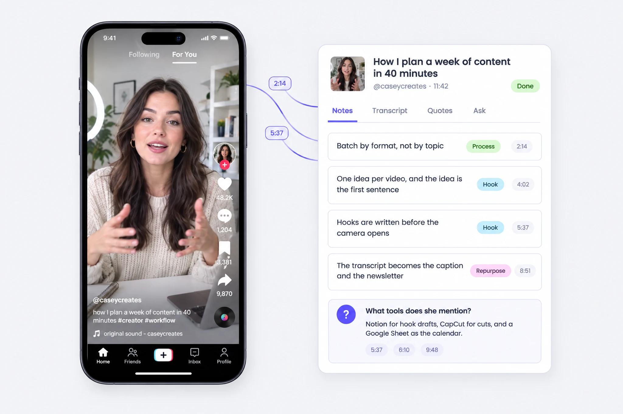 A TikTok video on a phone next to the SummedUp notes it was turned into: timestamped notes, tags, and an answered question